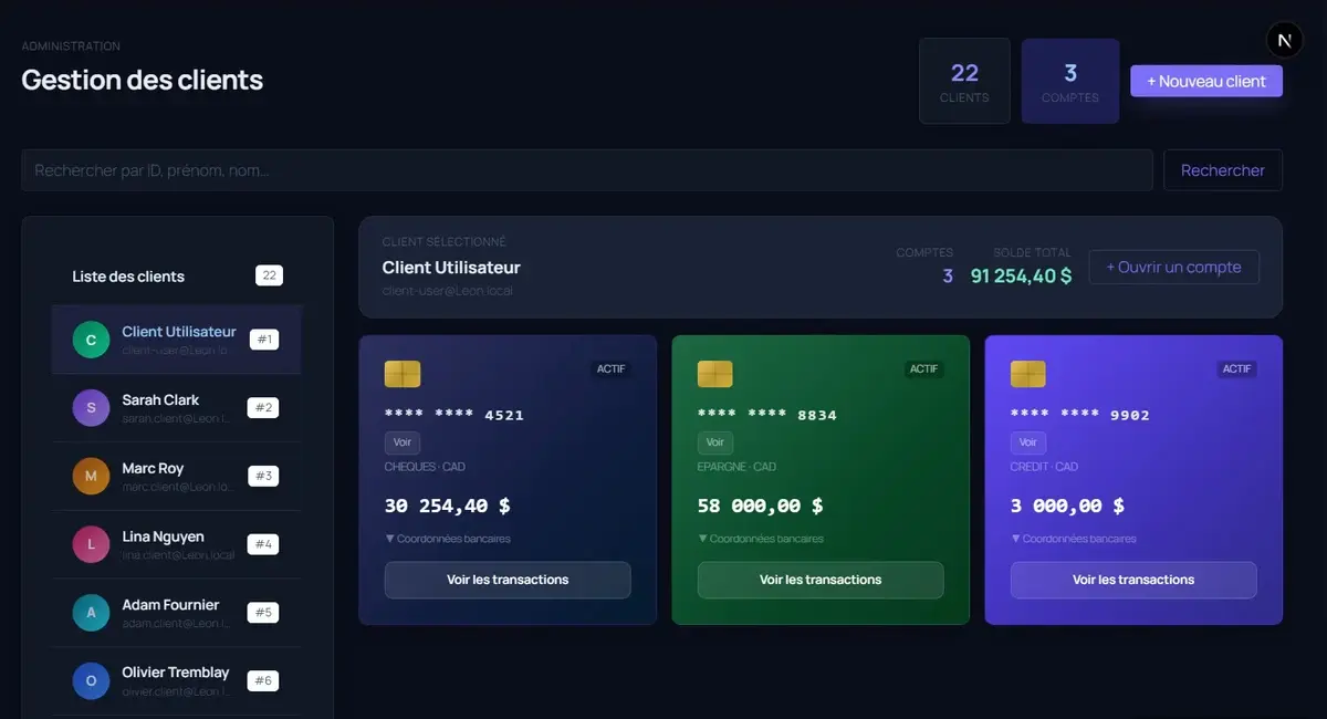 Leon Bank: Client management admin screen, with the client list and the selected client's three accounts (chequing, savings, credit) and their balances.
